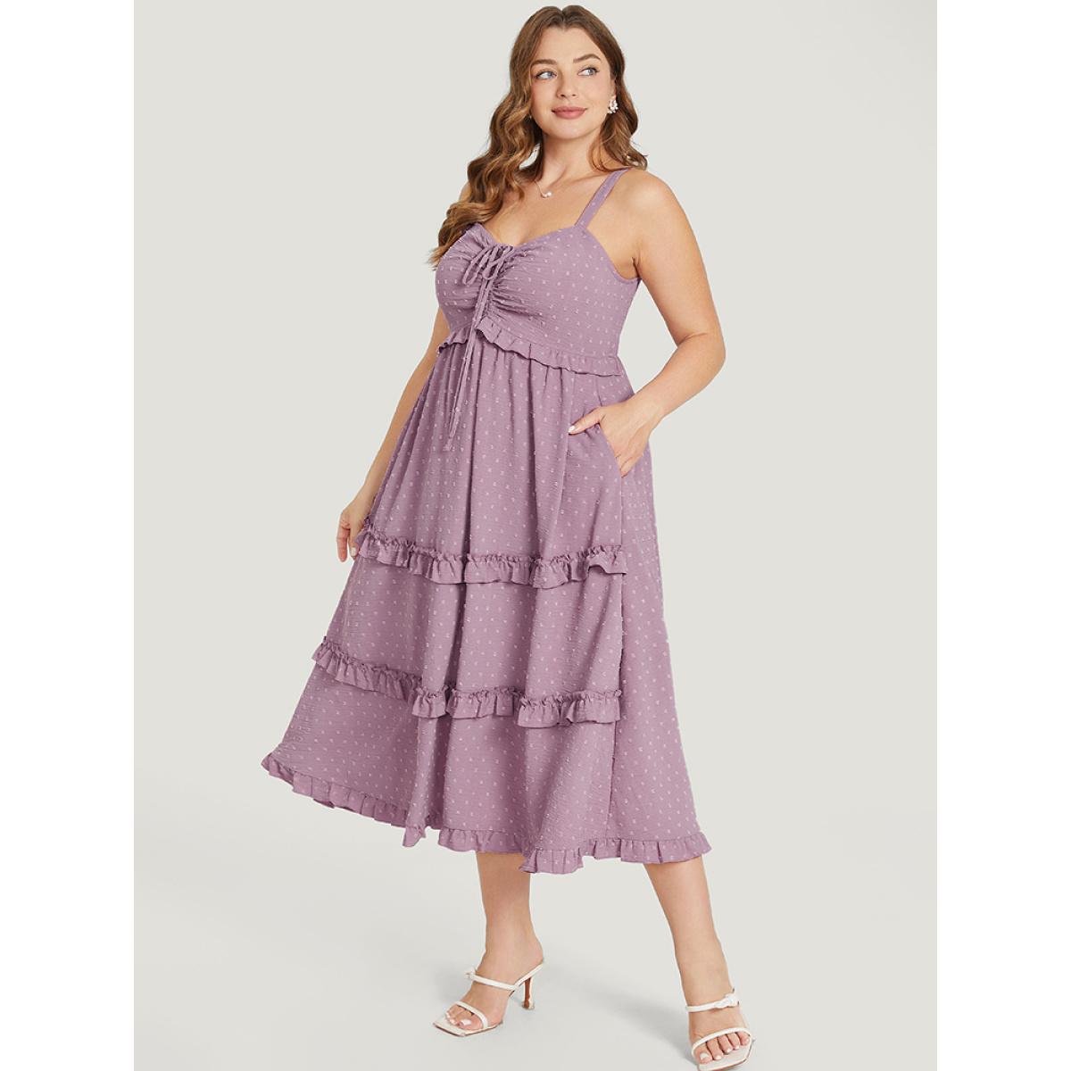 Plus Size Plain Drawstring Ruched Pocket Ruffle Trim Cami Dress Mauve Women Elegant Adjustable Straps Spaghetti Strap Sleeveless Curvy Midi Dress BloomChic 14-16/1X Product Image