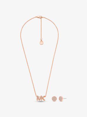 -Tone Brass Logo Necklace and Earrings Set Product Image