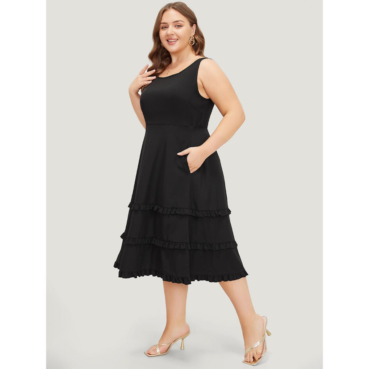 Plus Size Plain Ruffle Trim Pocket Layered Hem Tank Dress Black Women Elegant Round Neck Sleeveless Curvy Midi Dress BloomChic 26/4X Product Image