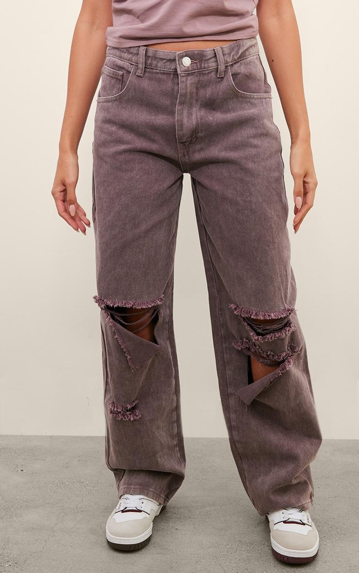 Washed Mauve Baggy Low Rise Ripped Boyfriend Jeans Product Image