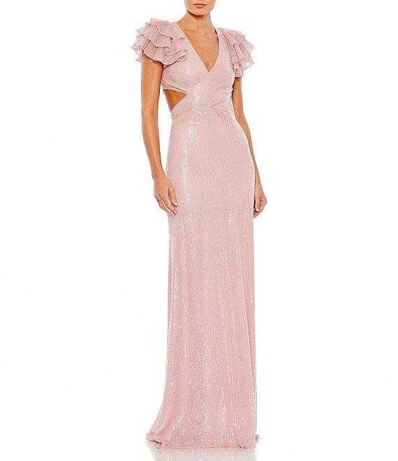 Mac Duggal V-Neck Ruffle Cap Sleeve Cut-Out Open Strappy Corset Back Gown Product Image