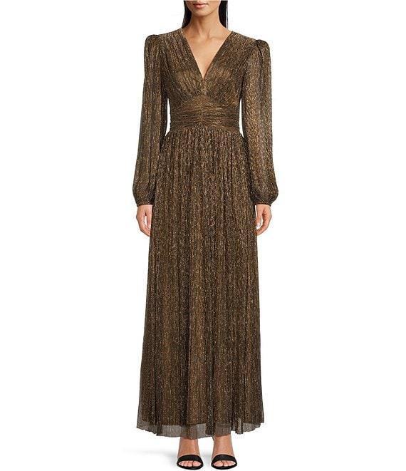 Alex Marie Bella Crinkle Metallic V-Neck Blouson Long Sleeve A-Line Gown Product Image