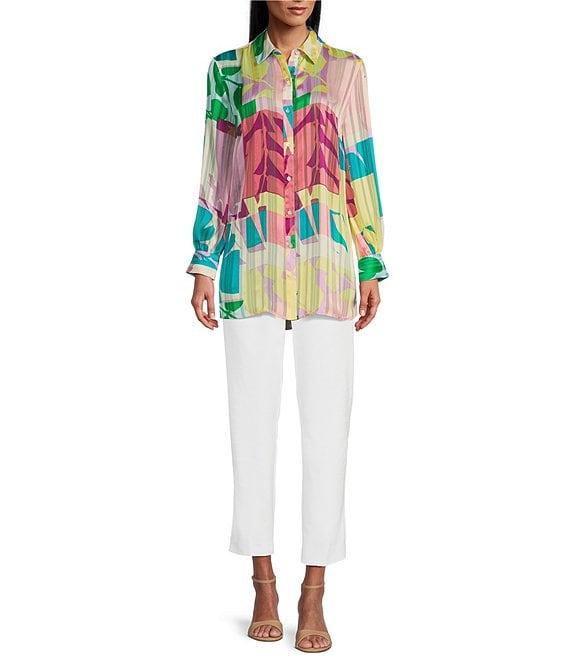 Investments Woven Multi Patch Floral Long Sleeve Point Collar Button Front Top Product Image