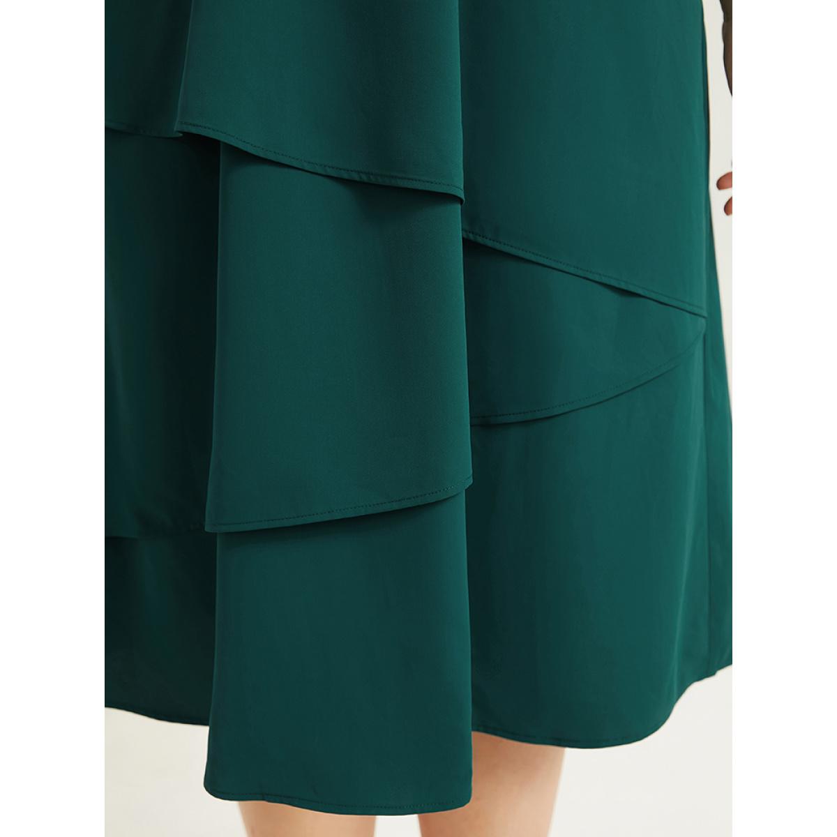 Plus Size Twill Flutter Shirred Asymmetrical Layered Hem Dress Teal Women At the Office Elastic cuffs Round Neck Elbow-length sleeve Curvy Midi Dress BloomChic 10/M Product Image