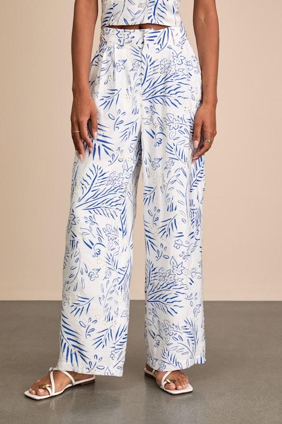Amarae Ivory and Blue Floral Print Wide-Leg Trouser Pants Product Image
