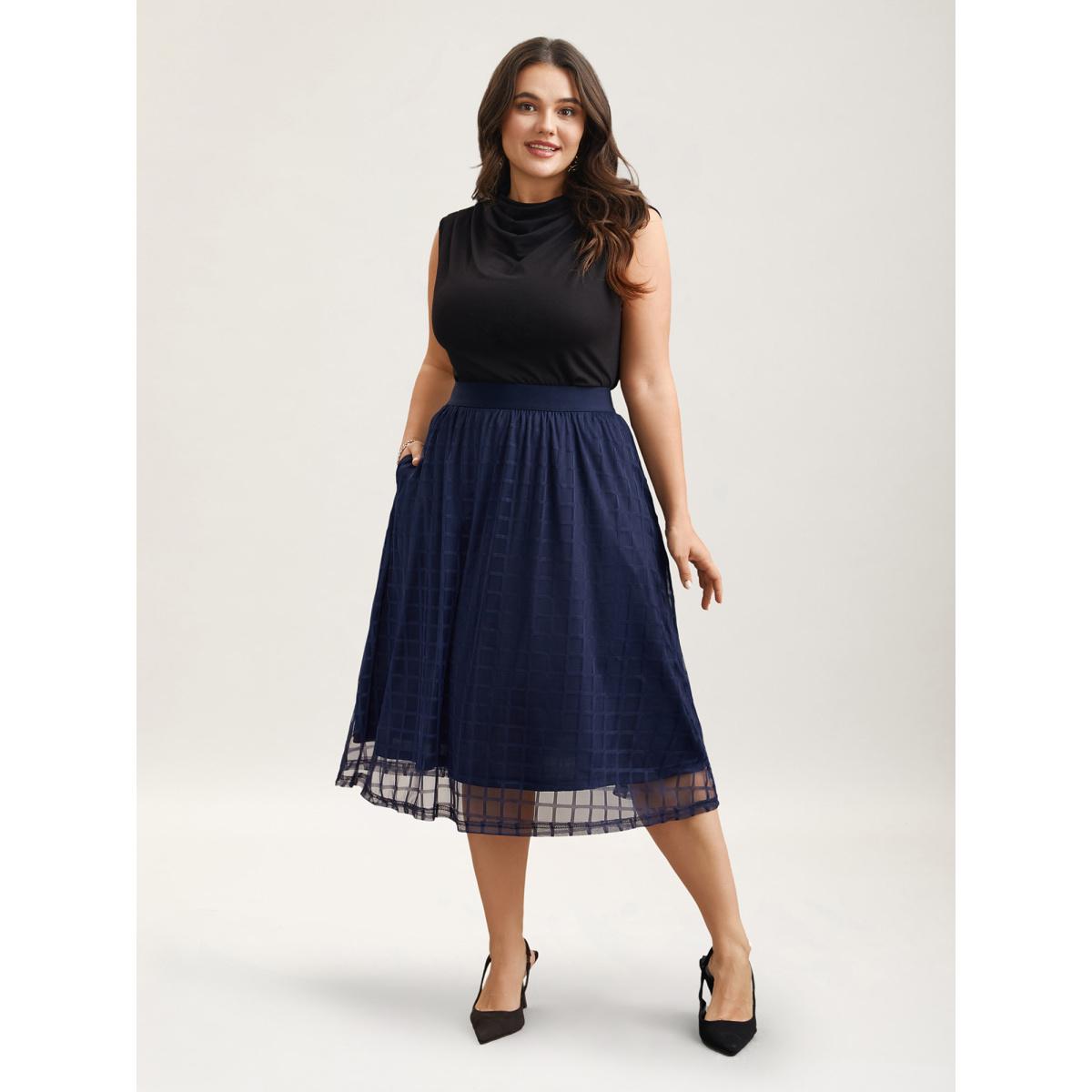 Plus Size Plaid Pattern Pleated Line Midi Skirt Women Indigo Elegant Tiered No stretch Everyday Skirts BloomChic 18-20/2X Product Image