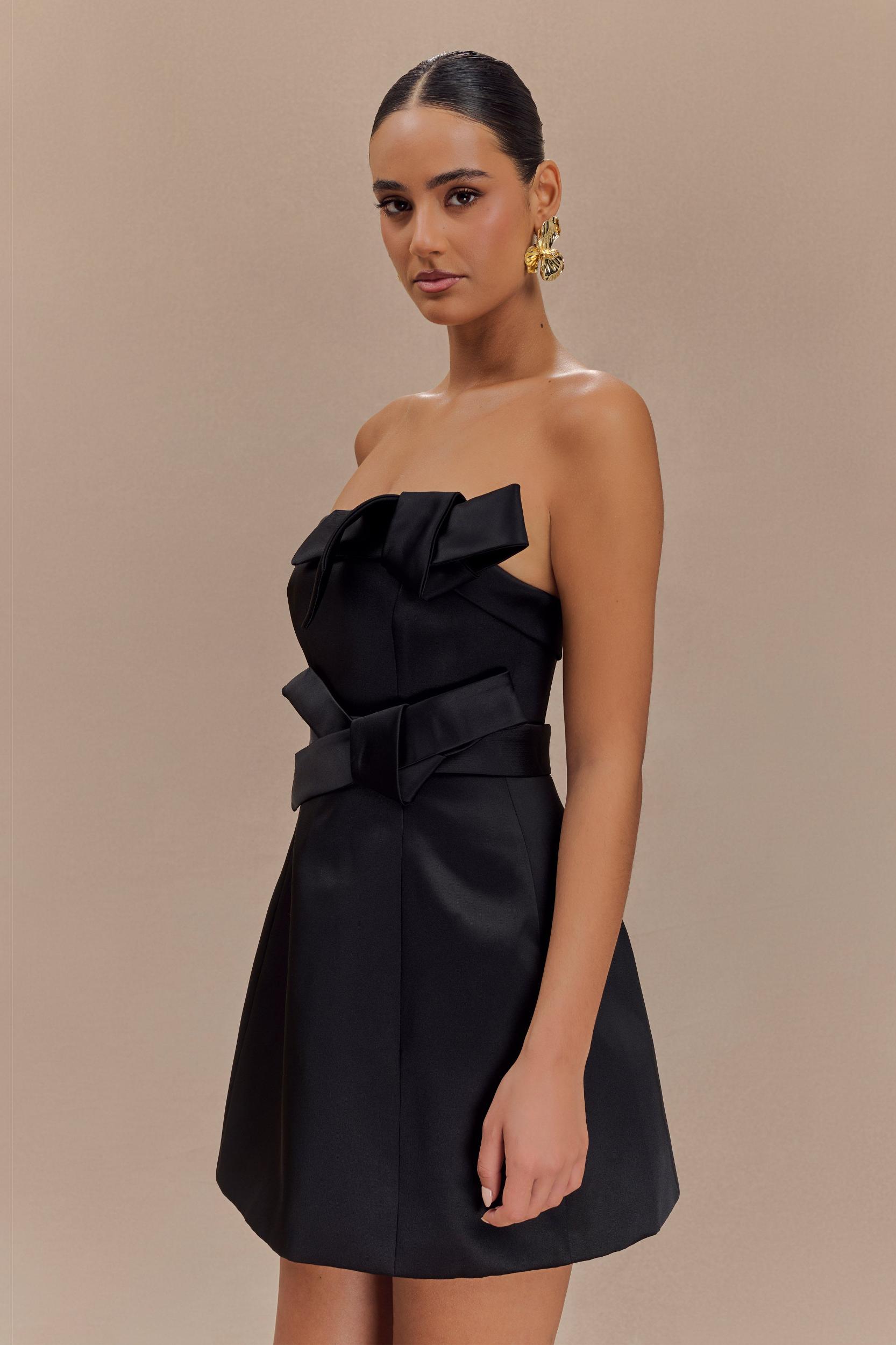 Tatiana Satin Strapless Bow Mini Dress - Black Product Image