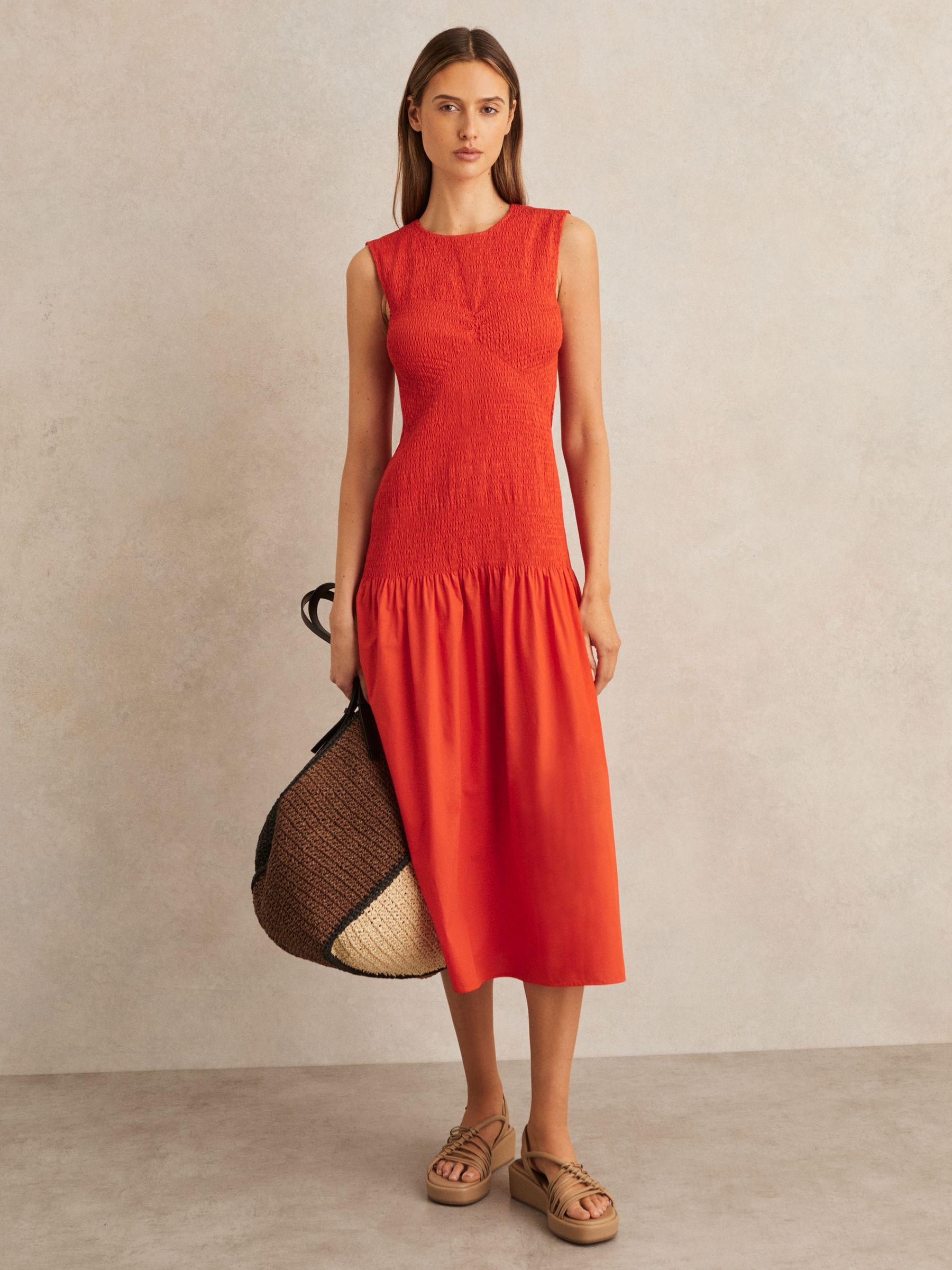 Poplin Belted Split Midi Dress in Ivory Product Image