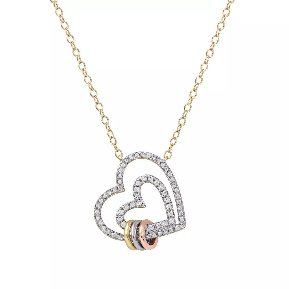 DeCouer Tri-Tone 1/4 Carat T.W. Diamond Double Heart Necklace, Women's, Size: 18", Silver Tone Product Image
