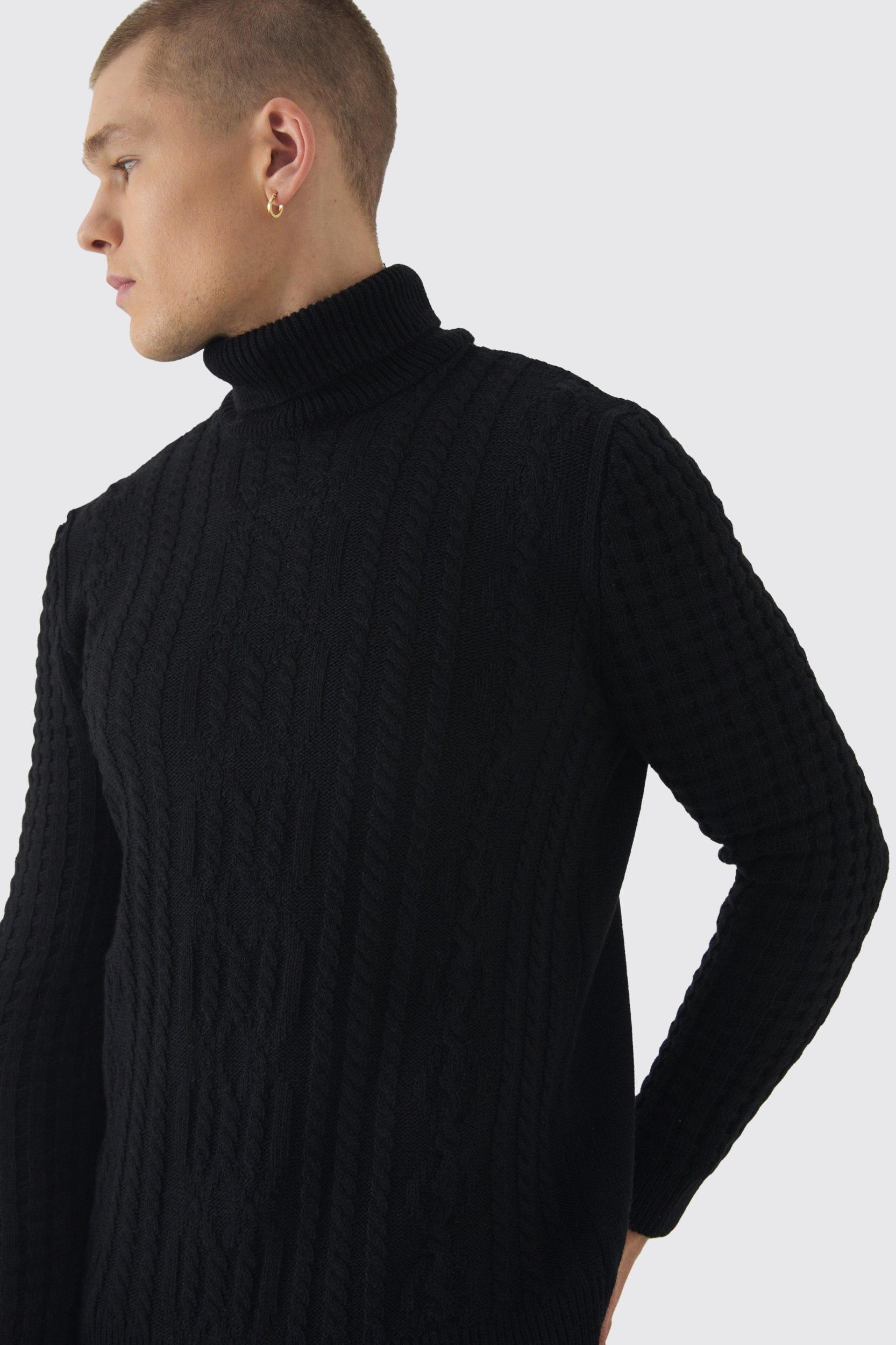 Long Sleeve Cable Knit Roll Neck Sweater In Black | boohooMAN USA Product Image