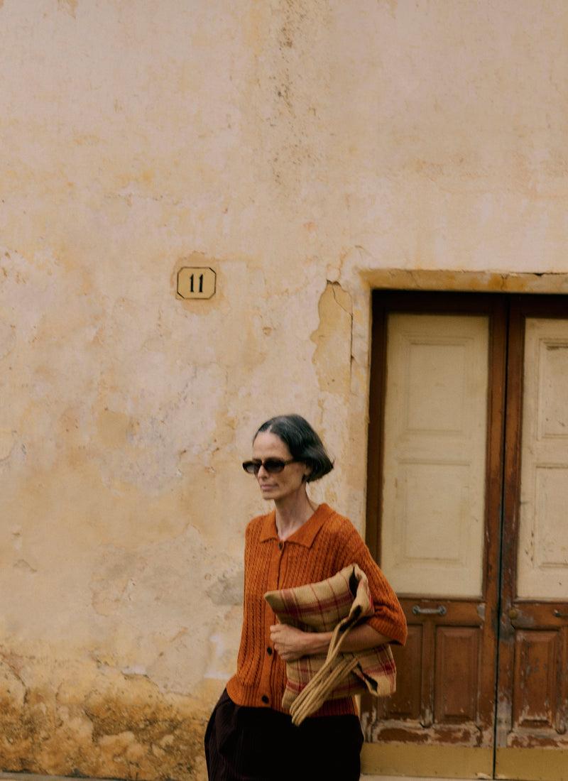 Open Stitch Knitted Linen Cotton Polo | Amber Product Image