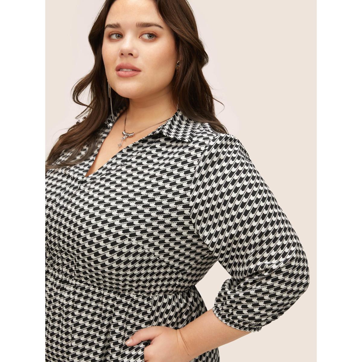 Plus Size Geometric Colorblock Lapel Collar Elastic Waist Dress Black Women At the Office Non Lapel Collar Elbow-length sleeve Curvy Midi Dress BloomChic 14-16/1X Product Image