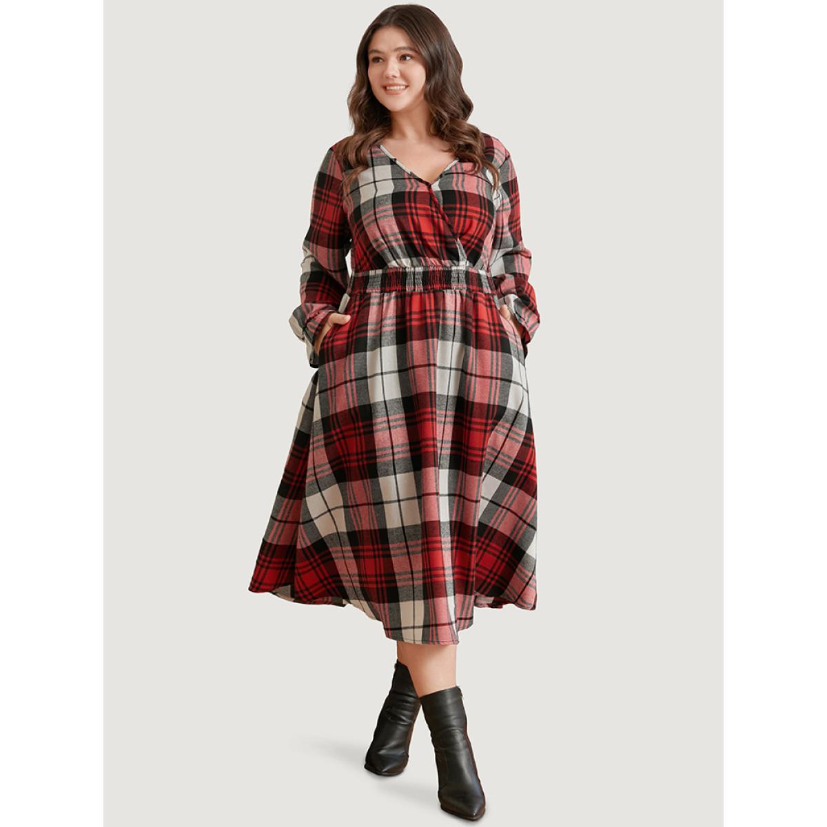 Plus Size Plaid Shirred Pocket Lantern Sleeve Wrap Midi Dress Without Belt Scarlet Women Elegant Wrap Overlap Collar Long Sleeve Curvy Midi Dress BloomChic 26/4X Product Image