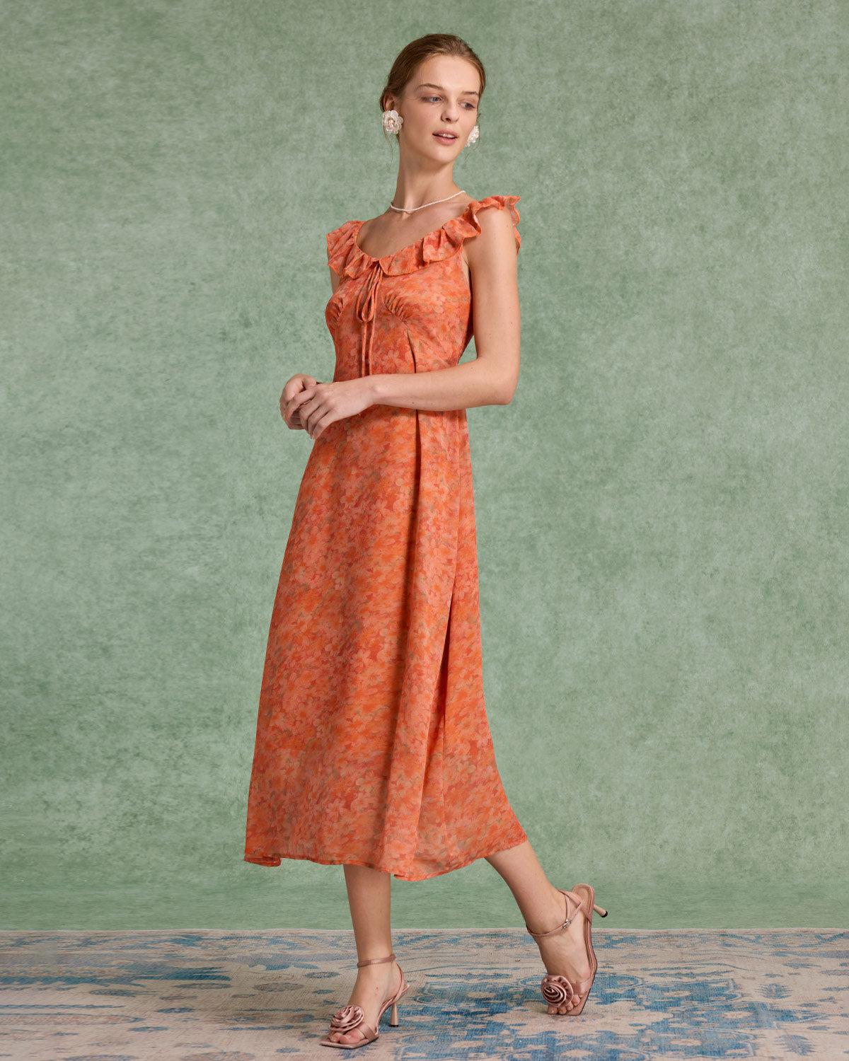 Orange Floral Ruffle Sleeveless Maxi Dress Product Image