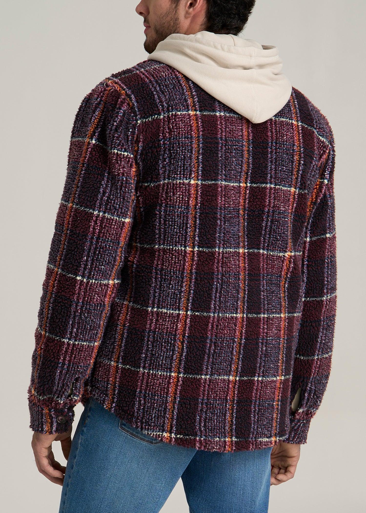Sherpa Shirt Jacket for Tall Men in Burgundy and Navy Plaid Male Product Image