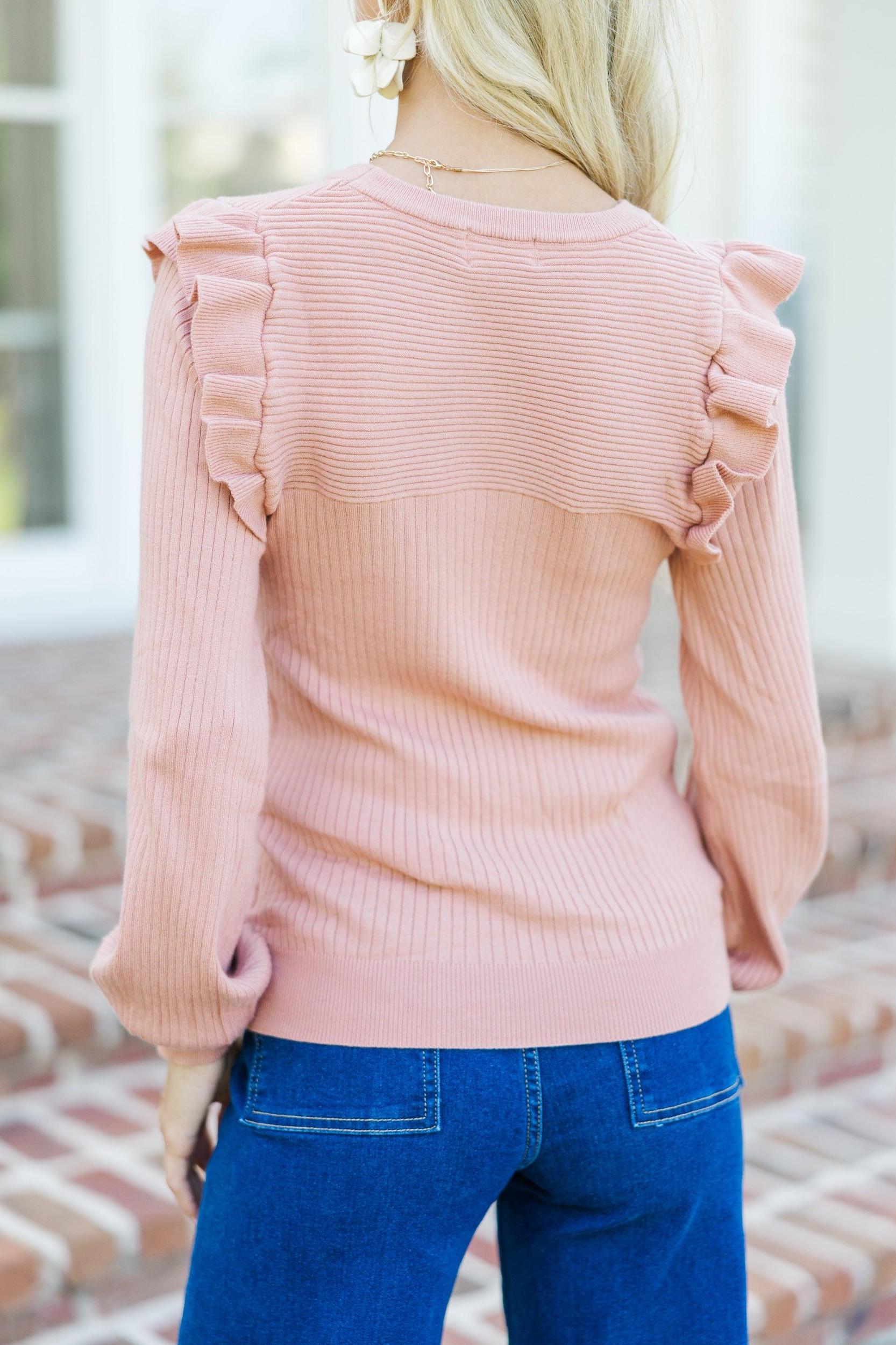 Reach Out French Rose Pink Ruffled Sweater Female Product Image