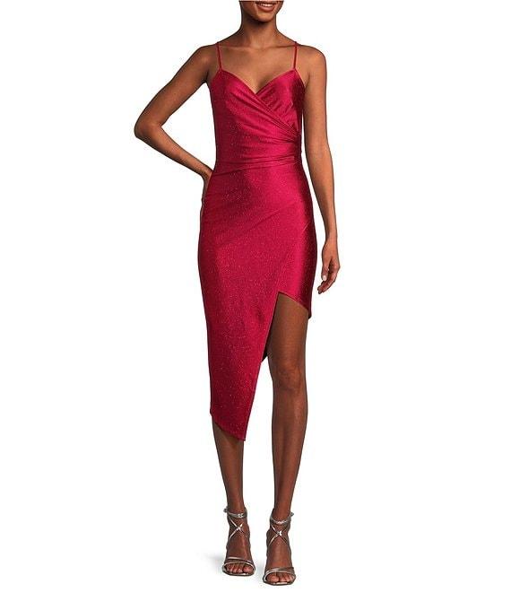 Honey and Rosie Spaghetti Strap Asymmetrical Hem Faux-Wrap Shimmery Stretch Satin Dress Product Image