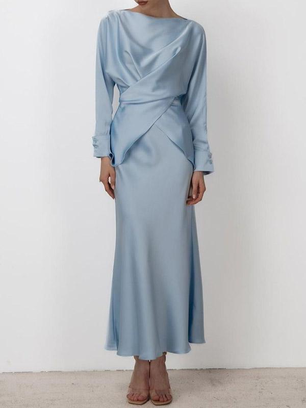 Loose Solid Color Split-Joint Boat Neck Long Sleeves Blouse & Shirt + Skirt Two Pieces Set Product Image