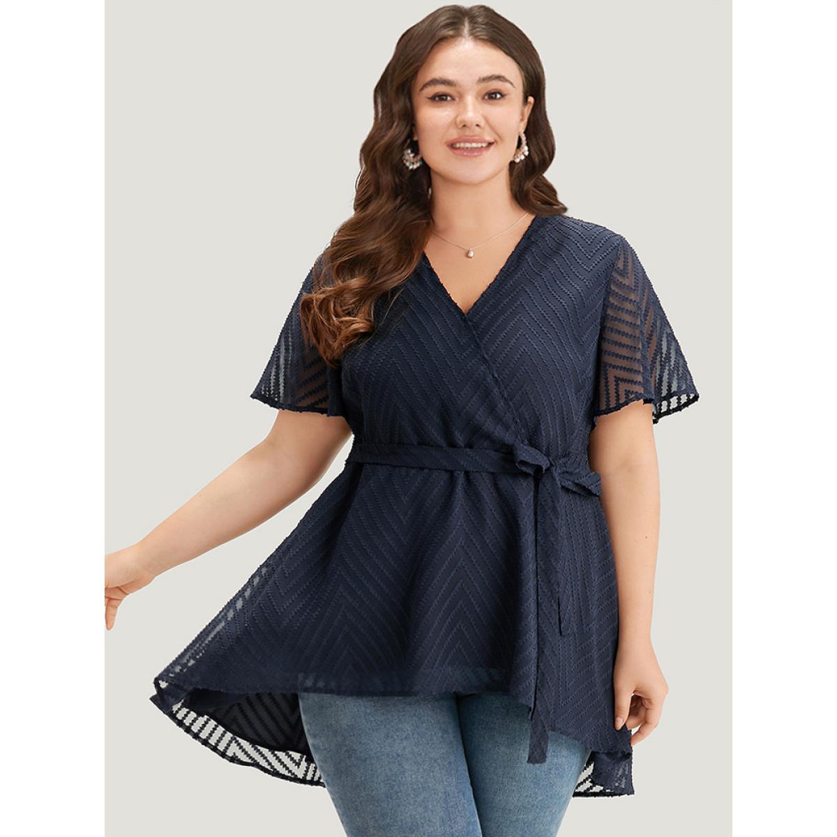 Plus Size Indigo Plain Textured Belted Wrap Mesh Flutter Sleeve Blouse Women Elegant Short sleeve V-neck Dailywear Blouses BloomChic 28/5X Product Image