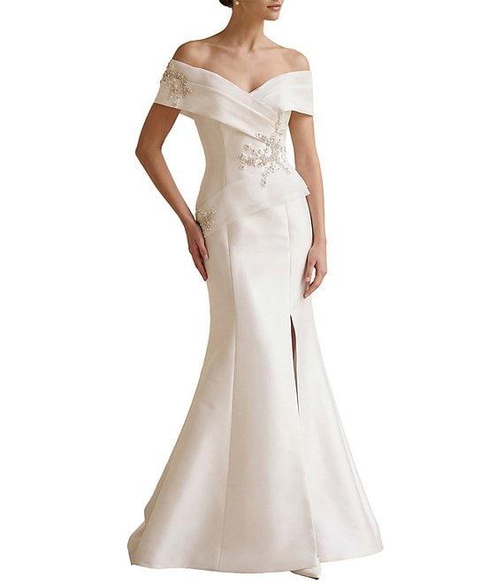 Terani Couture Pleated Off-the-Shoulder Short Sleeve Mermaid Gown Product Image