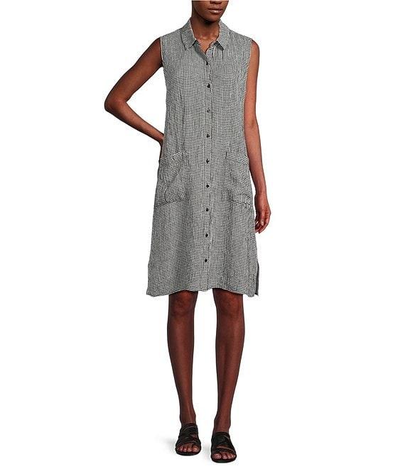 Eileen Fisher Puckered Organic Linen Point Collar Sleeveless Shirtdress Product Image