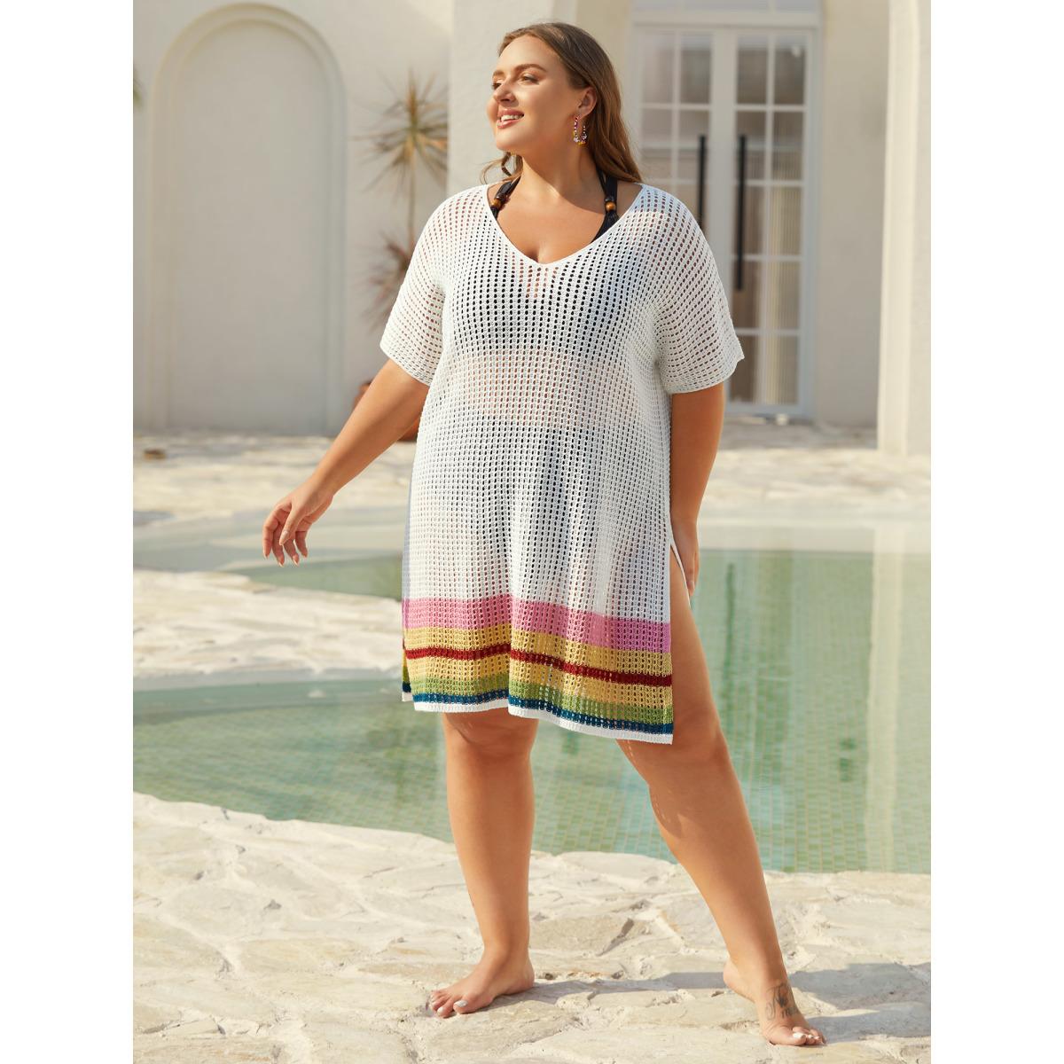 Plus Size Striped Hem Cut-Out Slit Swim Cover-Up Women's Swimwear Ivory Beach Loose Texture Curve Swim Cover Ups BloomChic 30/6X Product Image