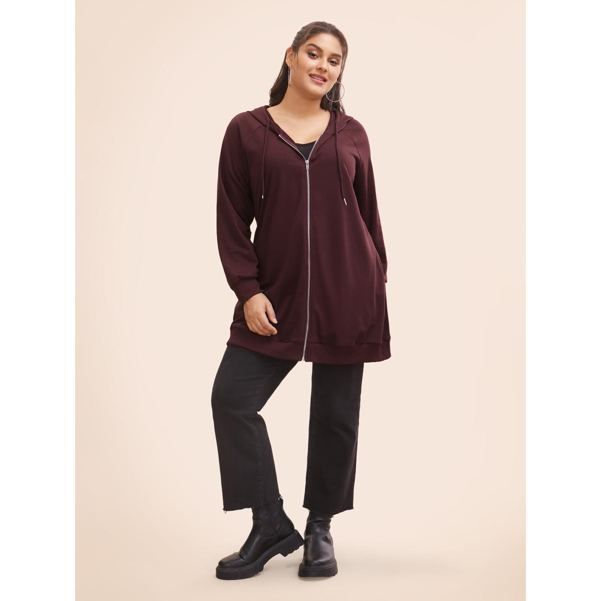 Plus Size Plain Zipper Hooded Drawstring Pocket Sweatshirt Women Burgundy Casual Plain Hooded Dailywear Sweatshirts BloomChic 22-24/3X Product Image