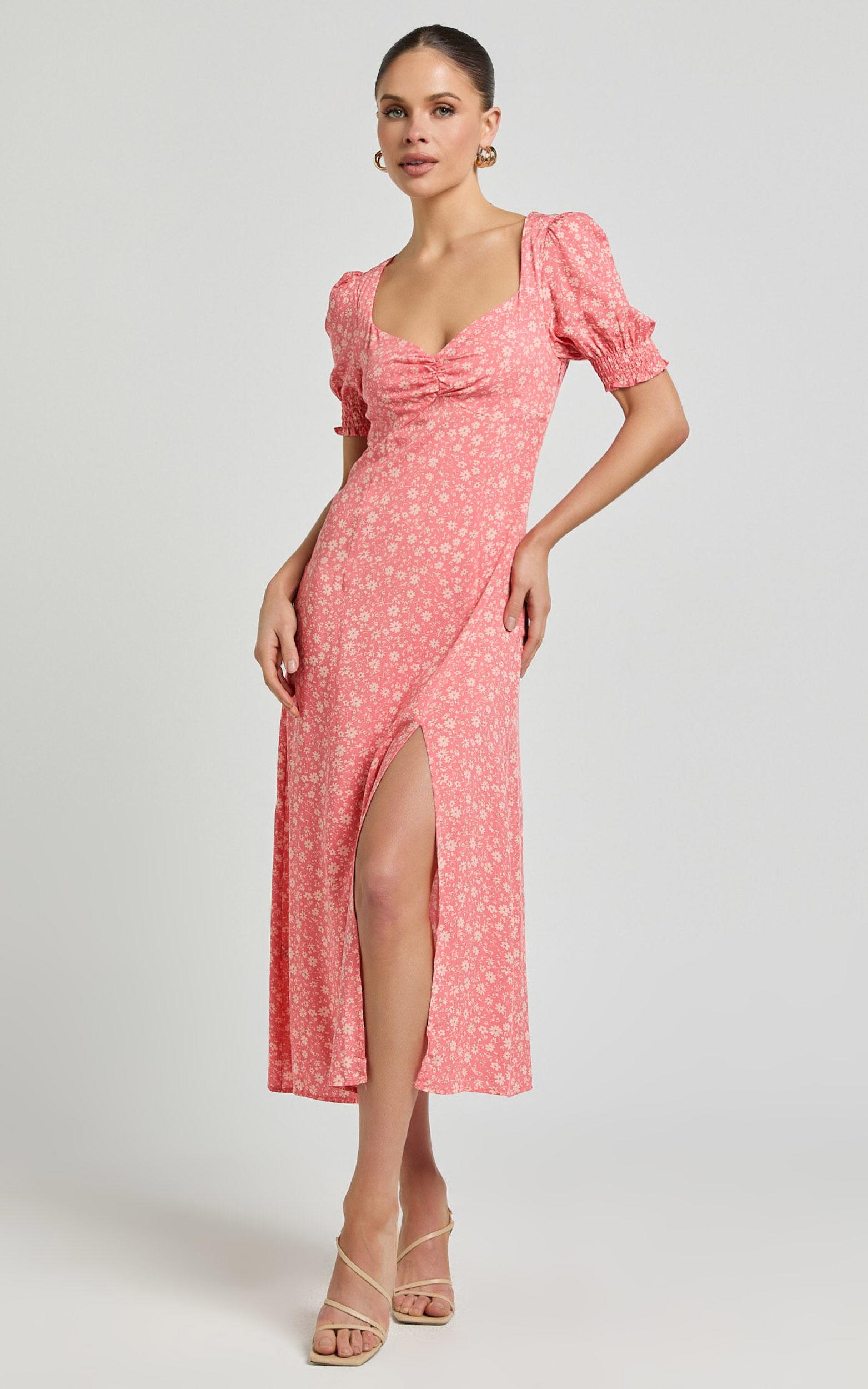 Marcel Midi Dress - Sweetheart Puff Sleeve Thigh Split Dress in Coral Product Image