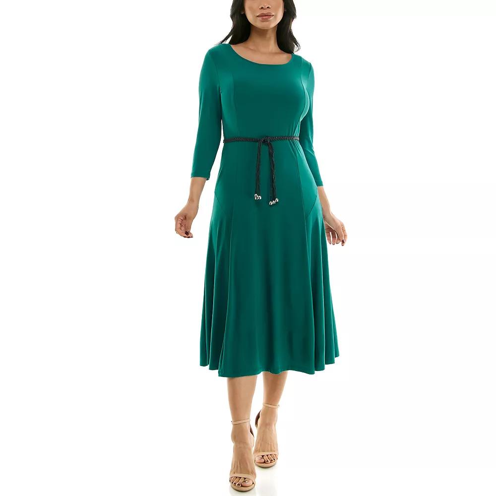 Women's Nina Leonard Sylvia Three-Quarter Sleeve Belted Midi Dress,  Product Image