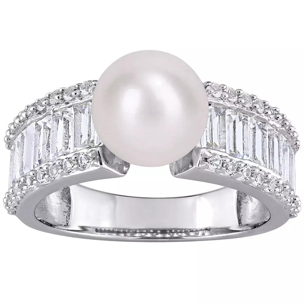 Stella Grace Sterling Silver Freshwater Cultured Pearl & Lab-Created White Sapphire Engagement Ring, Womens Product Image