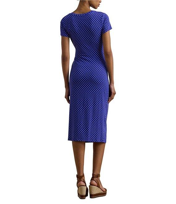Lauren Ralph Lauren Jersey Knit Dotted Print Crew Neck Short Sleeve Gathered Tie Midi Dress Product Image
