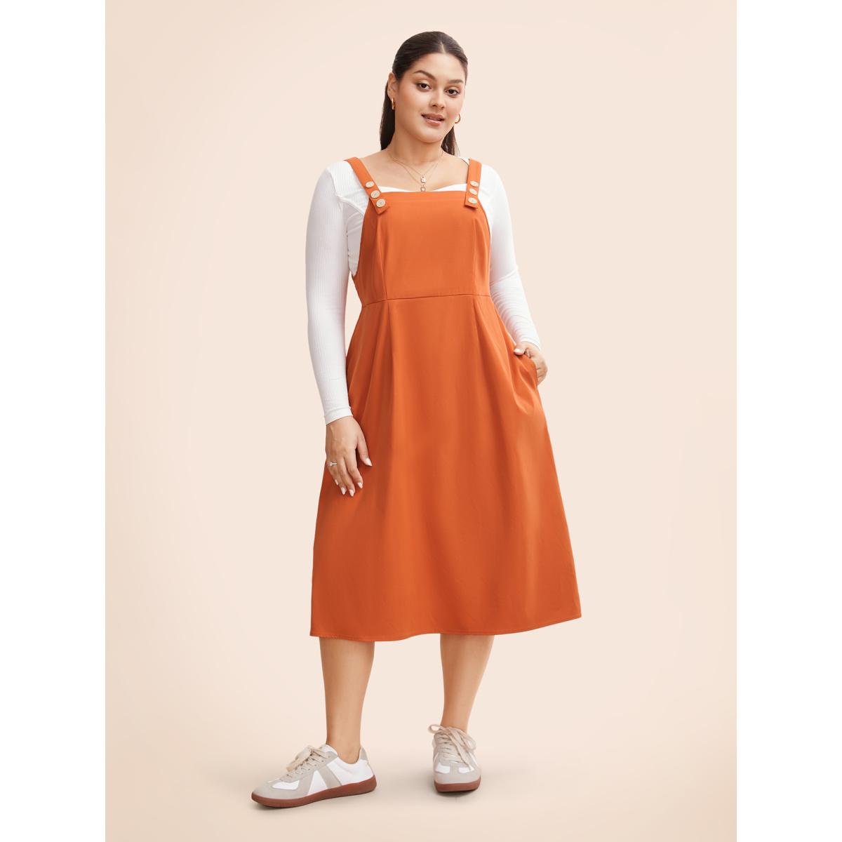 Plus Size Suspender Skirt Style Midi Dress OrangeRed Women Casual Button Non Sleeveless Curvy BloomChic 26/4X Product Image