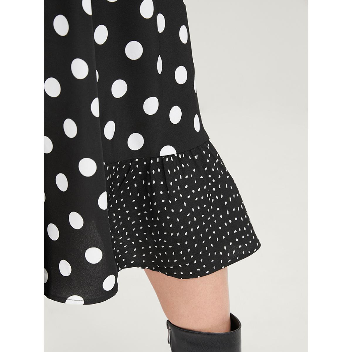 Plus Size Polka Dot Surplice Neck Tie Side Pocket Ruffle Hem Dress Black Women Elegant Wrap V-neck Long Sleeve Curvy Midi Dress BloomChic 12/L Product Image