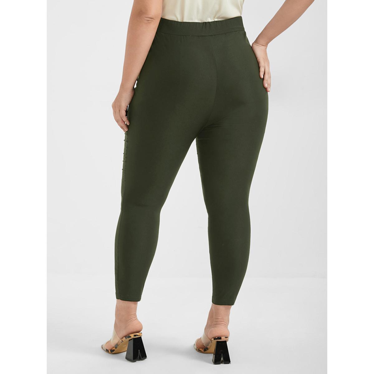 Plus Size Solid Button Skinny Pants Women ArmyGreen Office Skinny High Rise Office Pants BloomChic 26/4X Product Image