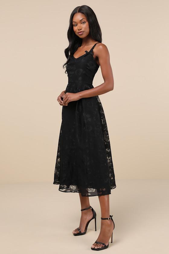 Flirtatious Crush Black Burnout Pleated Bow Midi Dress Product Image