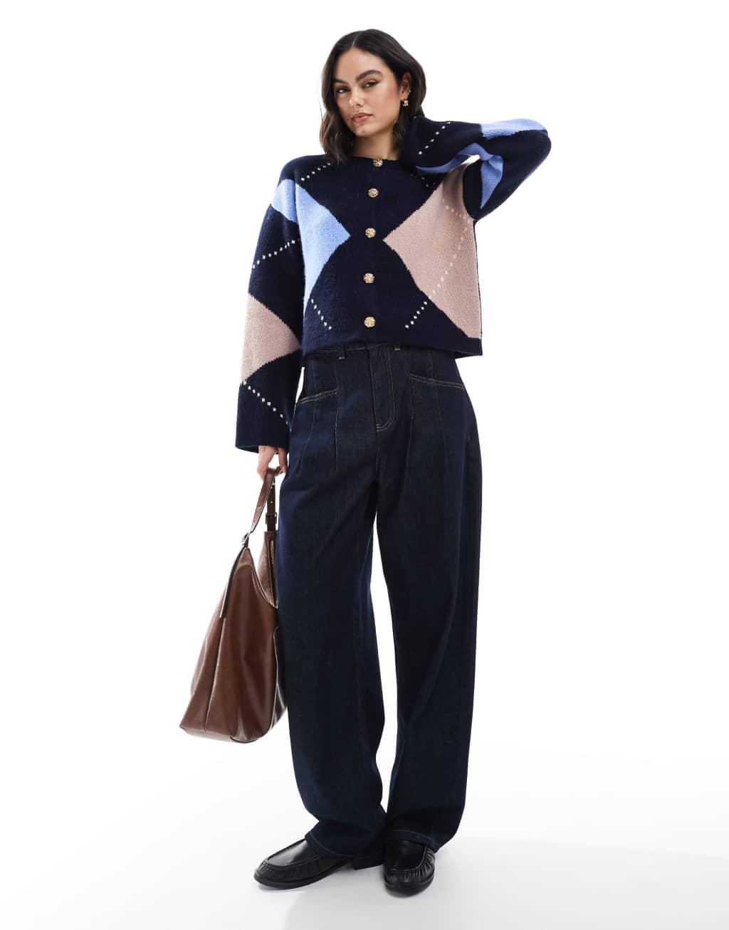 ASOS DESIGN knitted crew neck cardigan with gold button in navy argyle pattern Product Image