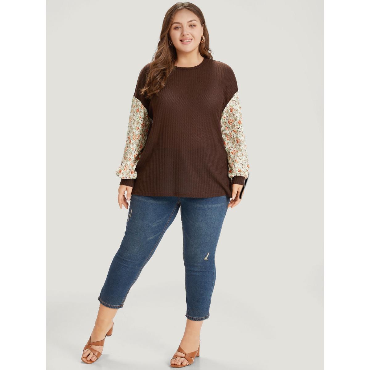 Plus Size Ditsy Floral Patchwork Lantern Sleeve Waffle Knit Sweatshirt Women DarkBrown Elegant Round Neck Dailywear Sweatshirts BloomChic 14-16/1X Product Image
