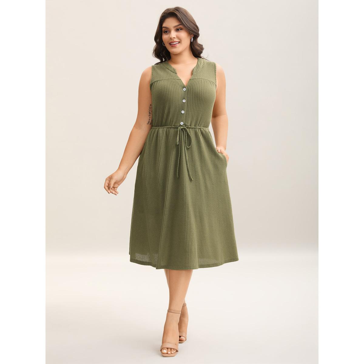 Plus Size Stretchy Textured Waist-Tie Midi Dress ArmyGreen Women Knit Dresses Bloomchic 30/6X Product Image