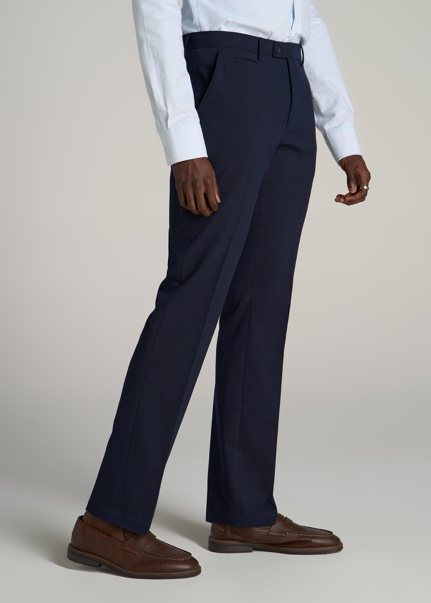 Textured Garment Washed Stretch Cotton Suit Pants for Tall Men in Evening Blue Male Product Image