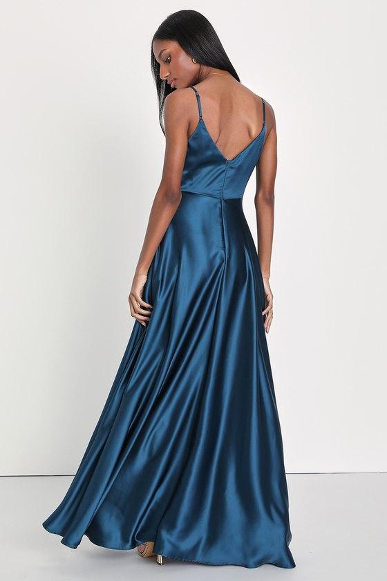 Shades of Love Teal Blue Satin Faux-Wrap Maxi Dress Product Image