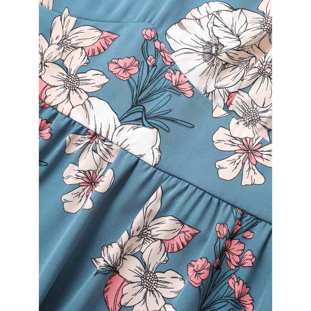 Plus Size Floral Frill Trim Shirred Pocket Square Neck Dress Stone Women Elegant Non Square Neck Short sleeve Curvy Midi Dress BloomChic 10/M Product Image