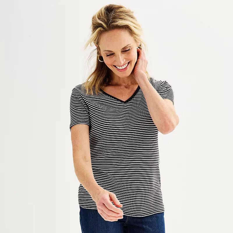 Petite Croft & Barrow® Essential V-Neck Tee, Women's, Size: XS Petite, Black Thin Stripe Product Image