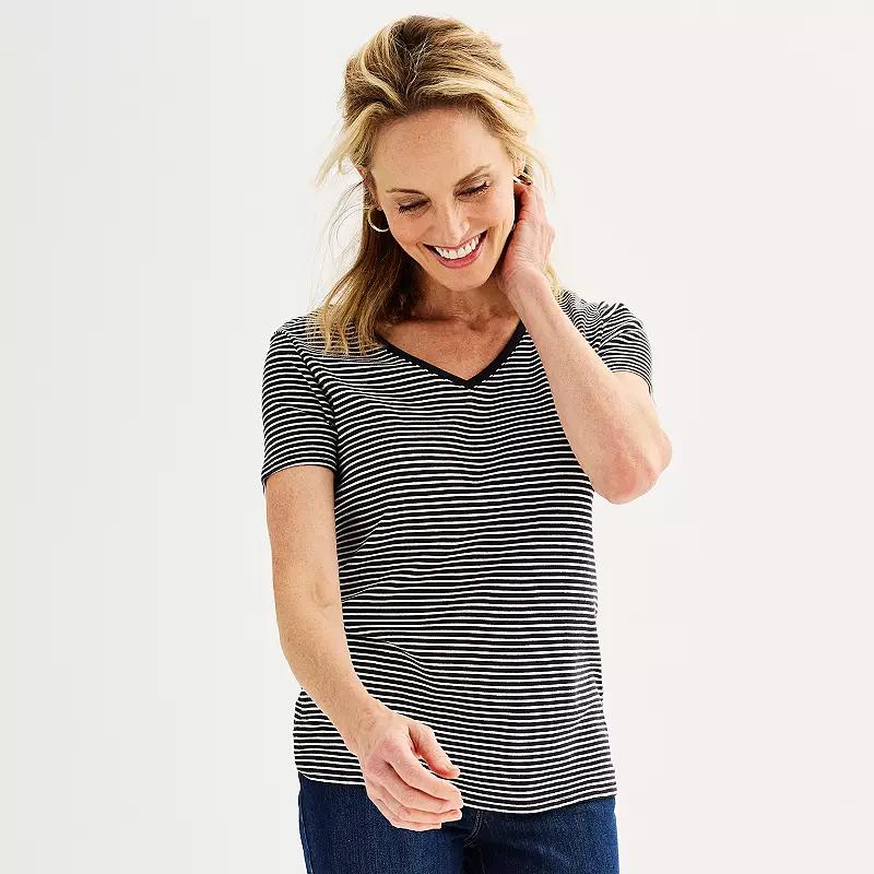 Petite Croft & Barrow® Essential V-Neck Tee, Women's, Size: XS Petite, Black Thin Stripe Product Image