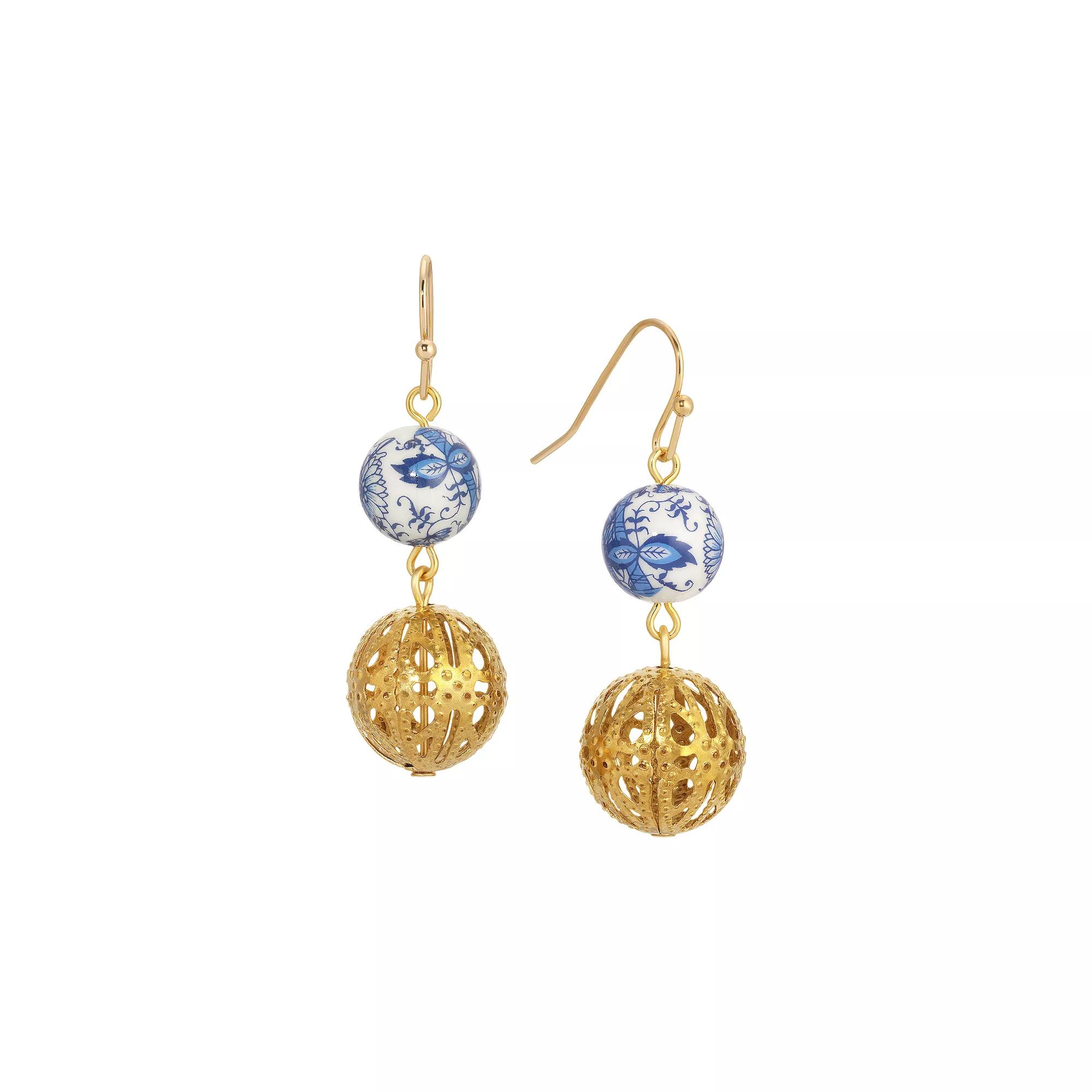 1928 Gold Tone Filigree Blue & White Floral Drop Earrings, Womens Product Image
