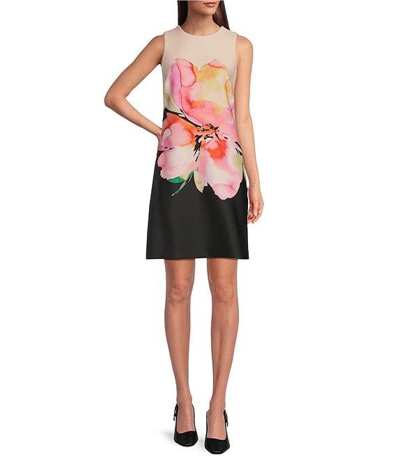 Calvin Klein Sleeveless Crew Neck Floral Print Shift Dress Product Image