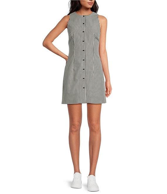 French Connection Gingham Round Neck Sleeveless Button Front Mini Dress Product Image