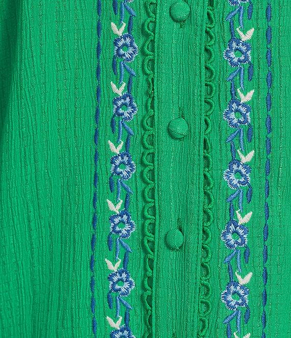 Calessa Embroidered Split V-Neck Short Sleeve Button Front Tunic Product Image