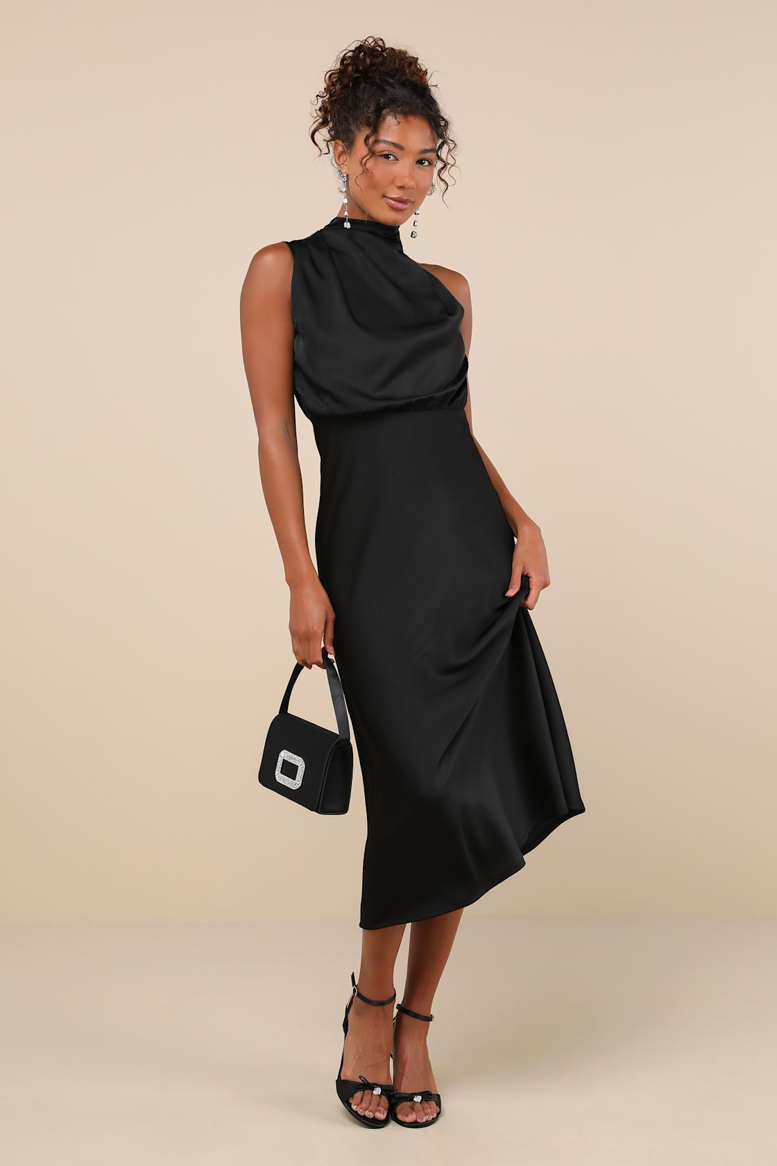 Distinctive Charm Black Satin Asymmetrical Midi Dress Product Image