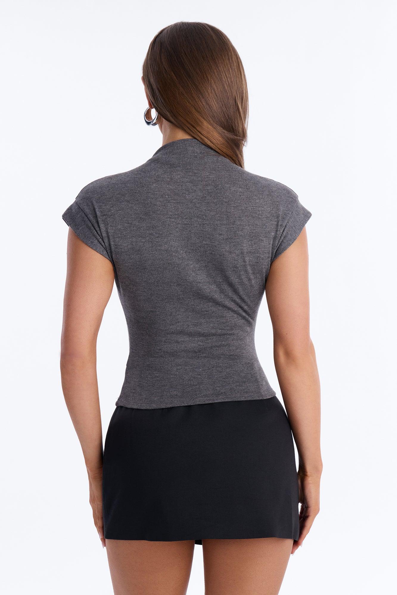 Serene Sculpt Mock Neck Short Sleeve Corset Top - Charcoal Female Product Image