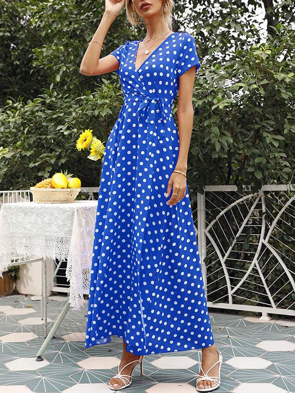 A-Line High Waisted Polka-Dot Tied Waist V-Neck Maxi Dresses Product Image